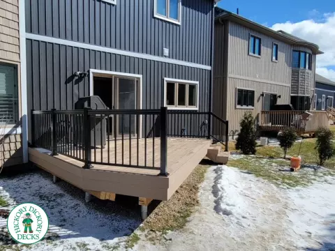 Brownstone Azek deck with aluminum railing and stairs, Guelph, Ontario