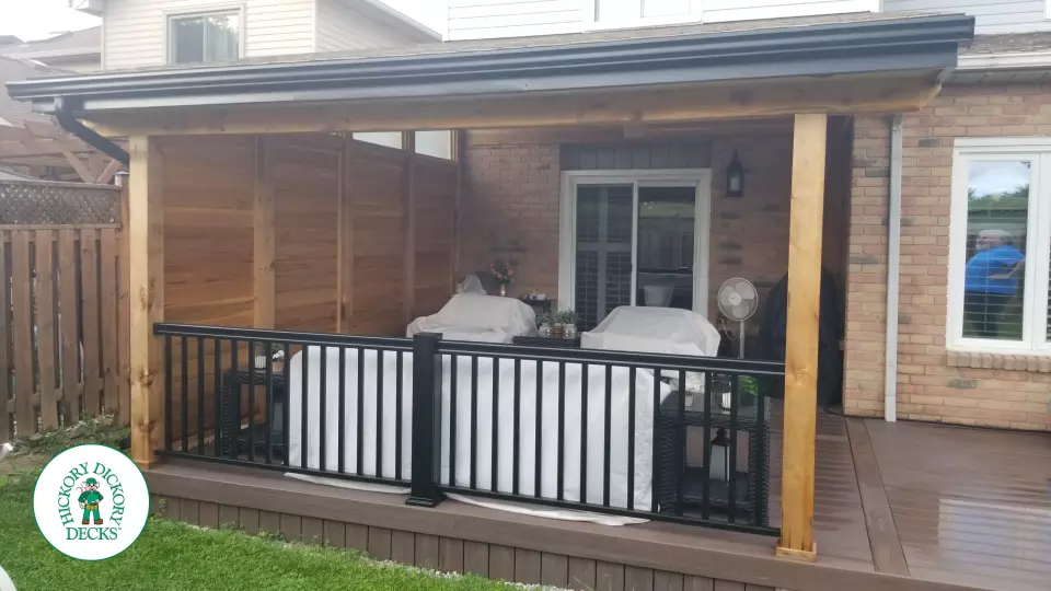 Low brown Veka deck with custom roof structure, black aluminum railing, and lights in steps.