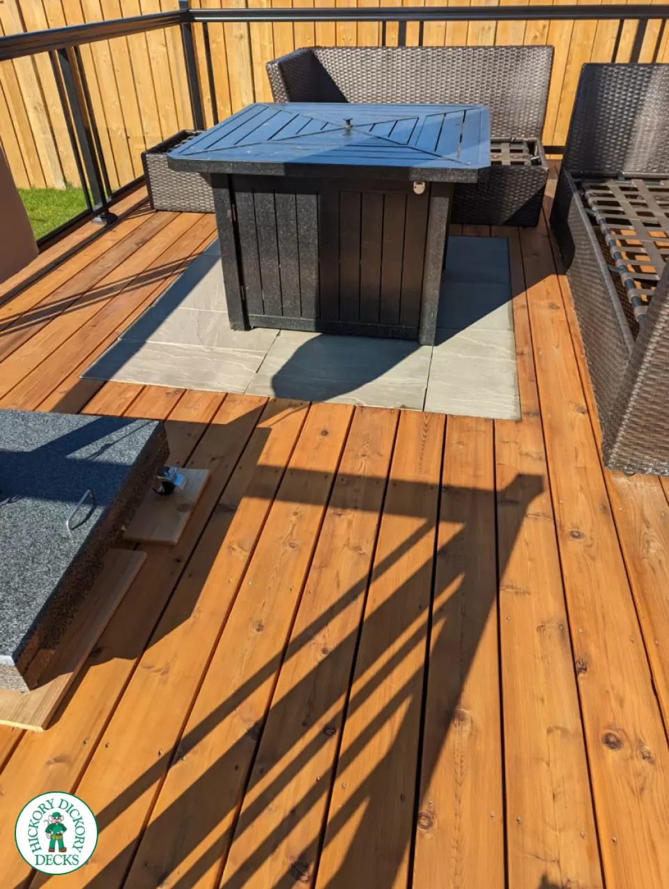 Large cedar deck with stairs, aluminum railing