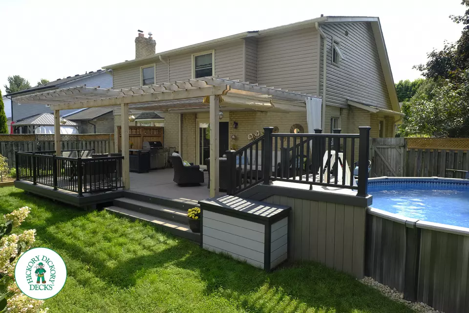 Clubhouse pool deck with pergola in Ancaster
