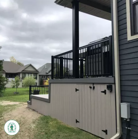 2 level Azek deck with aluminum railings and lights in Barrie