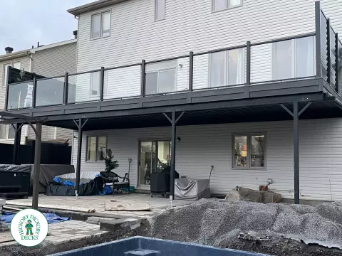 Clubhouse high deck with privacy and glass railings in Ottawa