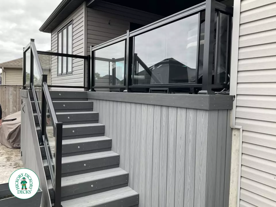 Fiberon deck with aluminum railings, stairs and lights in Niagara