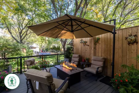 Fiberon deck with glass railing and lights in Mississauga