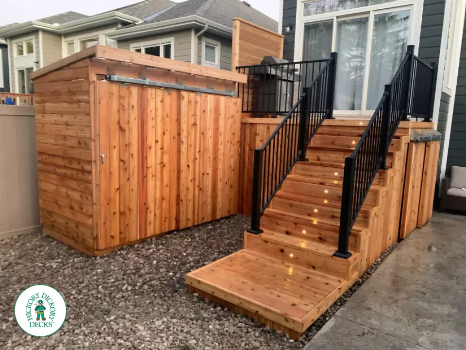 Small Poolside Cedar Deck with Stairs with Lights in Ottawa