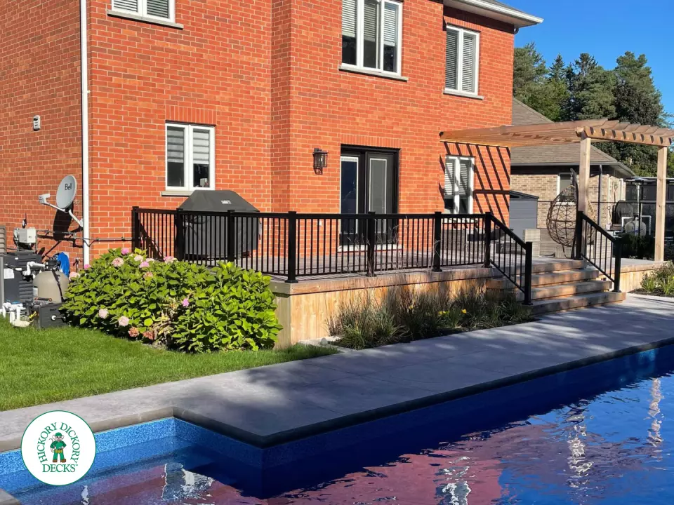 Walkout cedar deck with cedar pergola