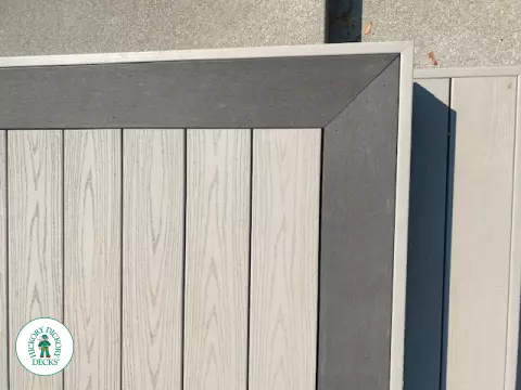 Large Azek deck with unique stairs and a cedar pavilion for shade.