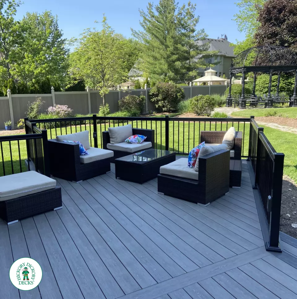 Clubhouse deck with aluminum railings, lights and custom roof in London Ontario
