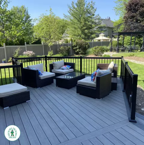 Clubhouse deck with aluminum railings, lights and custom roof in London Ontario