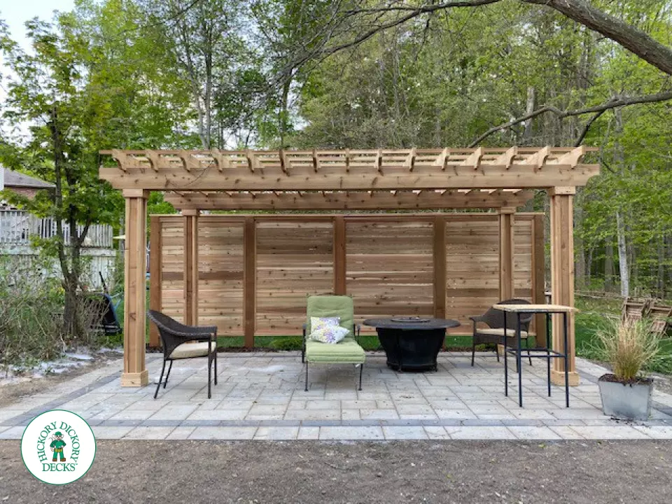 Timbertech deck with storage and Pergola in New Hamburg Ontario