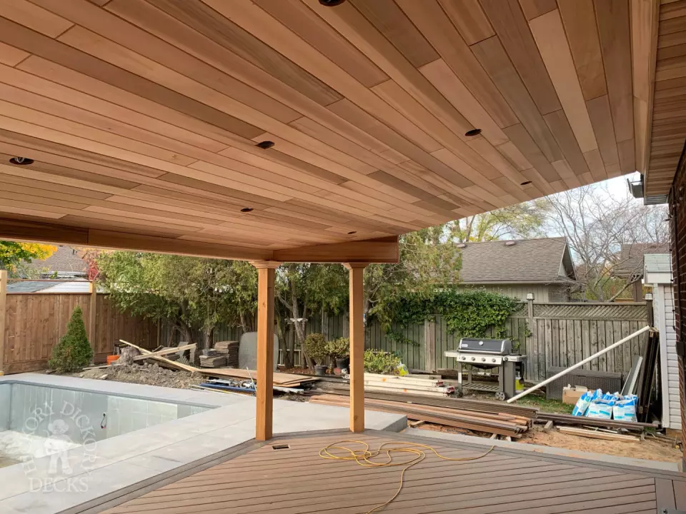 Small low brown composite deck with a dark brown border. and a custom roof structure.