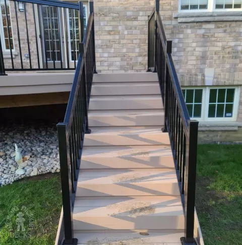 Clubhouse high deck with aluminum railing and stairs in Brampton