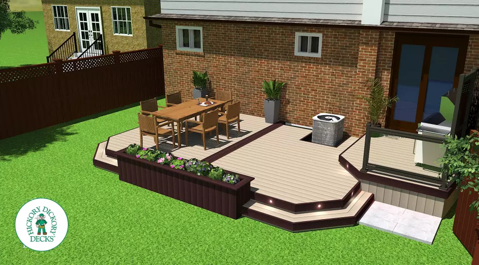 Brown clubhouse deck with lighting in steps.