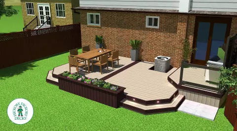 Brown clubhouse deck with lighting in steps.