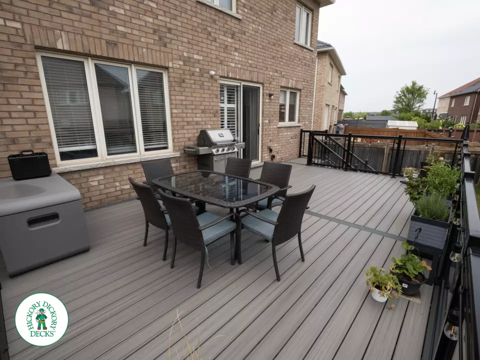 Elevated trex deck with glass railings and stairs in Brampton Elevated trex deck with glass railings and stairs in Brampton