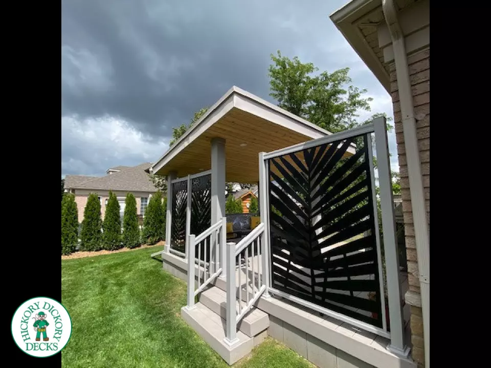 Low, small Azek deck with two steps up, lights in stairs, a custom privacy screen and a custom roof structure.