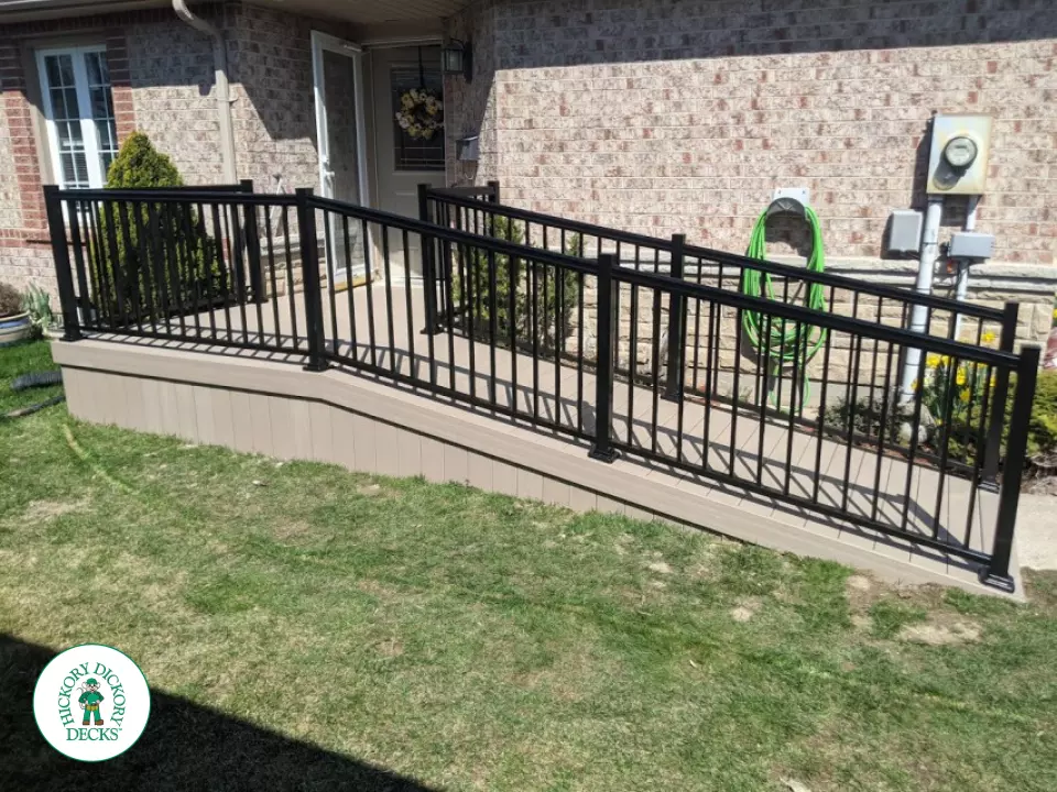 Timbertech custom ramp with aluminum railings in Welland