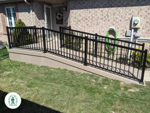 Timbertech custom ramp with aluminum railings in Welland