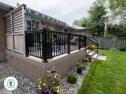 Clubhouse deck with privacy screens and aluminum railings in Scarborough