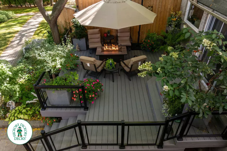 Fiberon deck with glass railing and lights in Mississauga