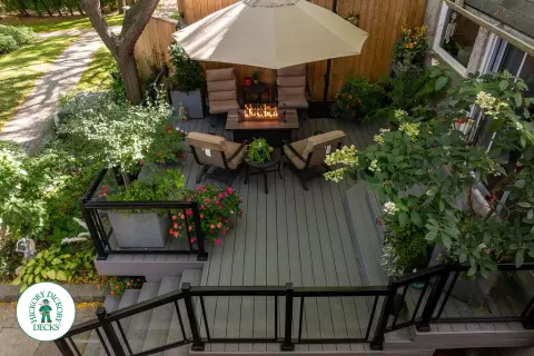 Fiberon deck with glass railing and lights in Mississauga