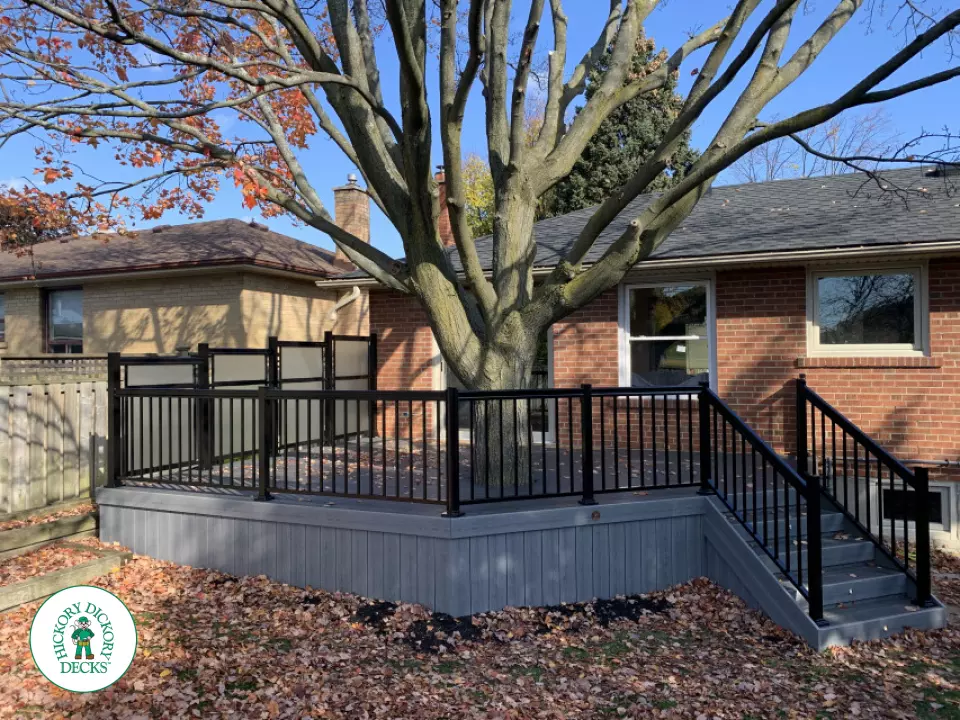 Clubhouse deck in colour driftwood built around a tree featuring: aluminum railings and frosted glass privacy screens, Mississauga, Ontario