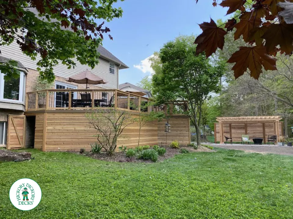 Timbertech deck with storage and Pergola in New Hamburg Ontario