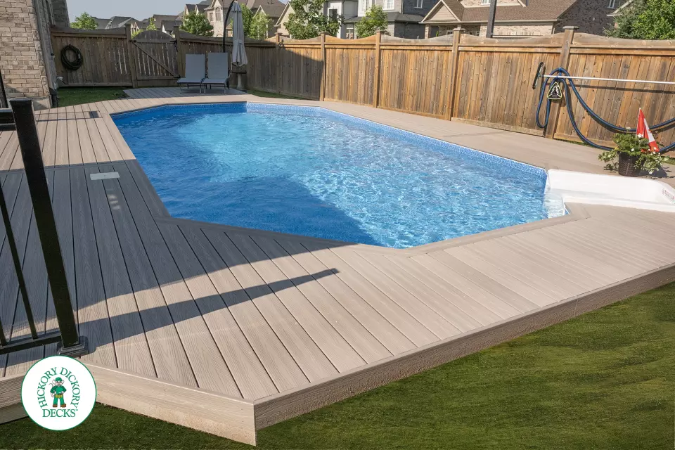 1000 square foot composite pool deck in grey shade.