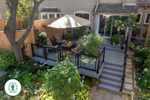 Fiberon deck with glass railing and lights in Mississauga