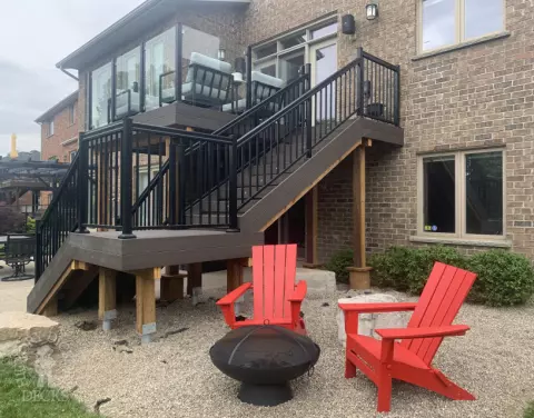 Clubhouse deck Cambridge stairs with lights