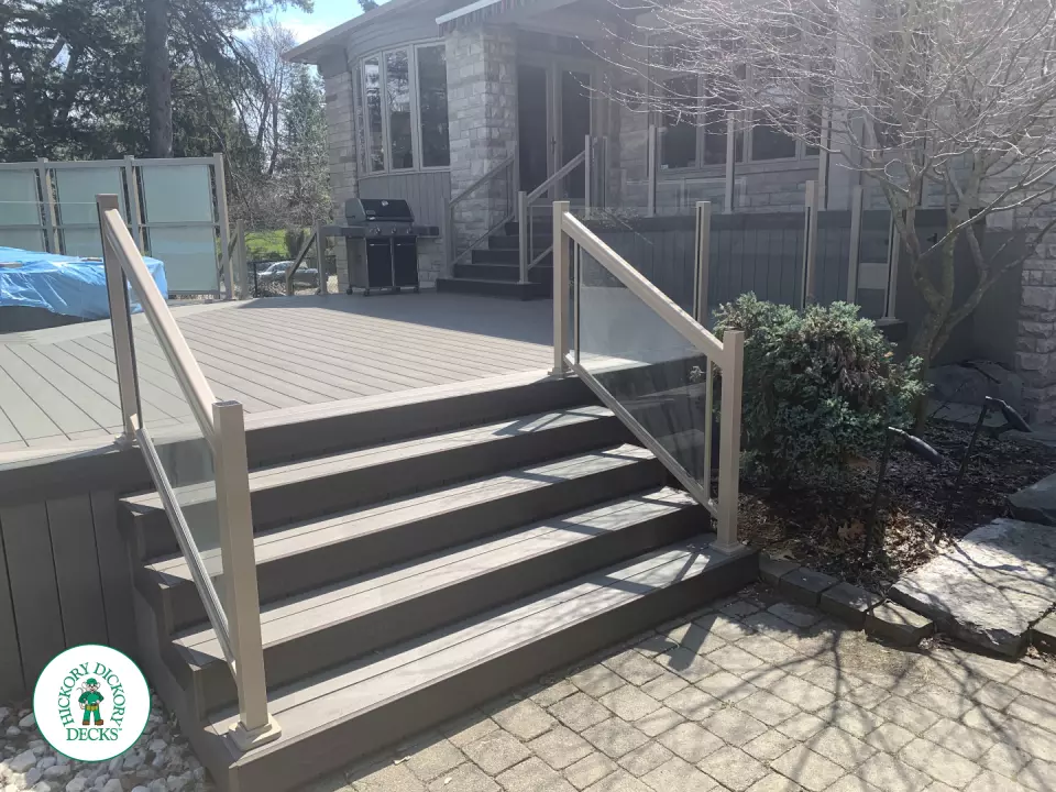 Clubhouse deck with glass railings in Mississauga