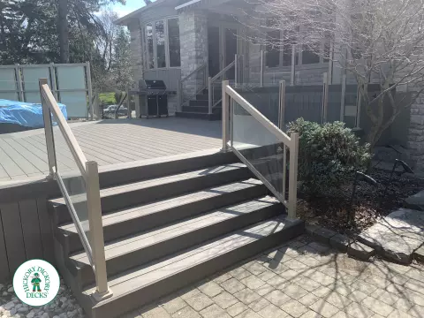 Clubhouse deck with glass railings in Mississauga