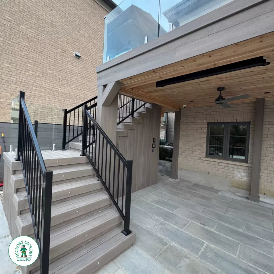 TruNorth high deck with glass railings and stairs with lights in Vaughan