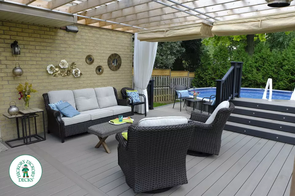 Clubhouse pool deck with pergola in Ancaster