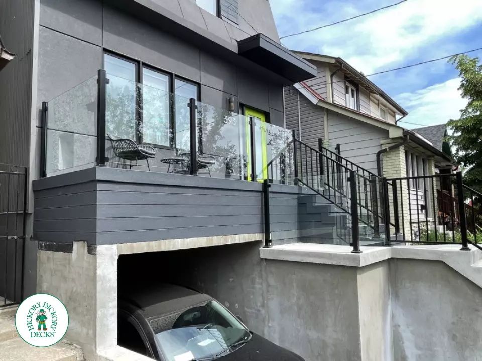 Trex front porch with stairs and glass rail