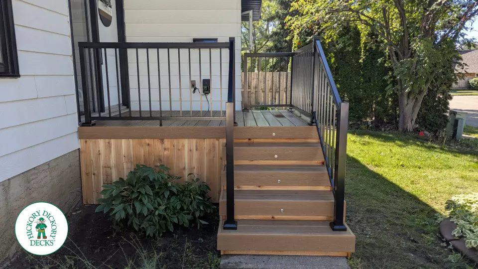 Clubhouse porch with lights and aluminum railings in Edmonton