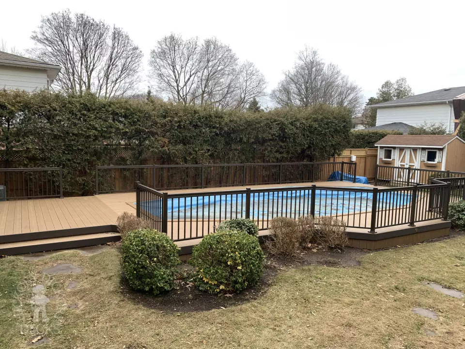 Clubhouse pool deck with aluminum railing in Mississauga
