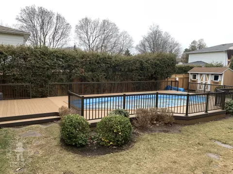 Clubhouse pool deck with aluminum railing in Mississauga