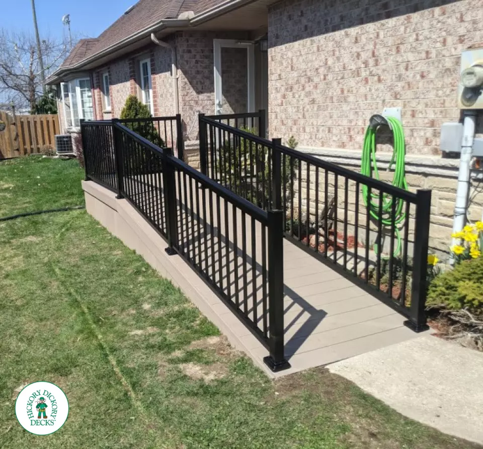 Timbertech custom ramp with aluminum railings in Welland