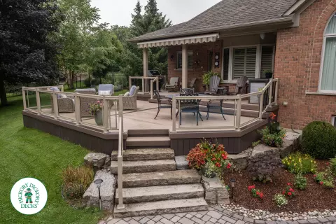 221 square foot light brown deck with dark brown border. This deck has curved steps and glass railings.