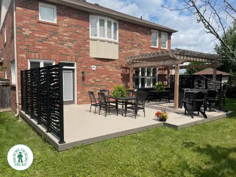 Clubhouse hot tub deck with built in lights pergola and privacy screens