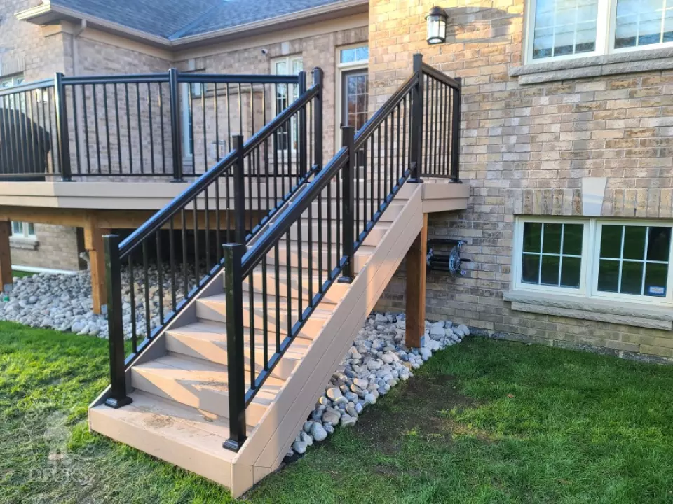Clubhouse high deck with aluminum railing and stairs in Brampton