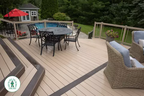 221 square foot light brown deck with dark brown border. This deck has curved steps and glass railings.