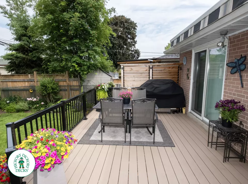 Clubhouse deck with privacy screens and aluminum railings in Scarborough