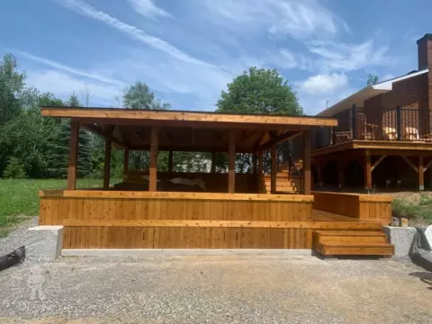 Cedar deck with aluminum railing and pavilion in Kempville