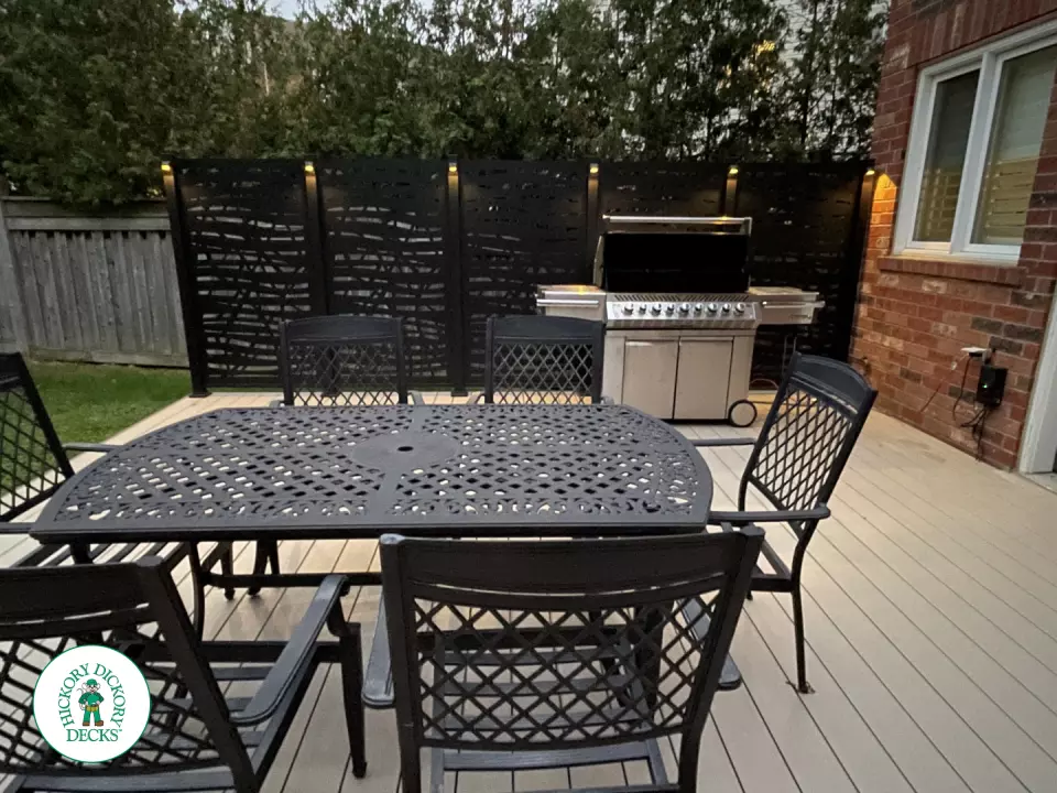 Clubhouse hot tub deck with built in lights pergola and privacy screens