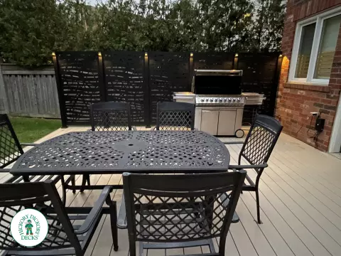Clubhouse hot tub deck with built in lights pergola and privacy screens