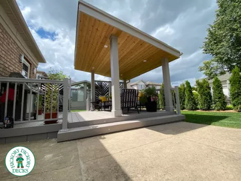 Low, small Azek deck with two steps up, lights in stairs, a custom privacy screen and a custom roof structure.