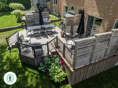 Zuri deck with floor pattern, built in ights and privacy screens in Richmond Hill