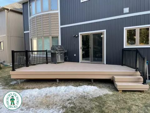 Brownstone Azek deck with aluminum railing and stairs, Guelph, Ontario